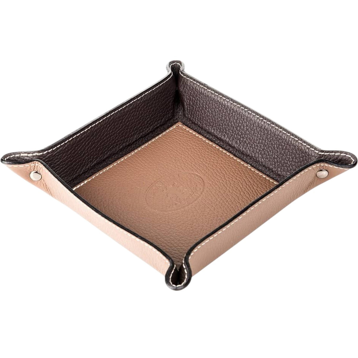 Handmade in Italy, this LE BORSETTE - SQUARE HAMMERED LEATHER VALET TRAY IN DARK TAUPE is a square tray with a dark brown interior, a light brown center base, and snap-button corners that serves as an elegant accessory organizer.