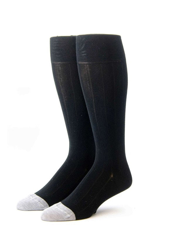 The EDWARD ARMAH - BLACK HEATHER RIB SOCK by EDWARD ARMAH features black ribbed fabric with light gray toes, shown standing upright on a white background.