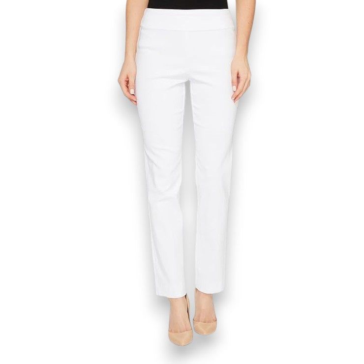A person is wearing KRAZY LARRY, INC&#39;s PULL ON ANKLE PANT in a slim fit beige straight-leg style and black high-heeled shoes against a white background. The outfit is completed with a sleeveless black top that reveals part of the arms and torso.