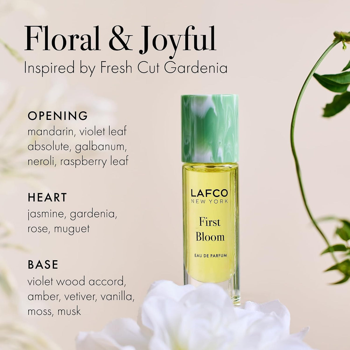 A 10ml bottle of LAFCO Fine Fragrance, First Bloom, a vegan eau de parfum that captures the freshness of spring with luminous neroli and radiant floral notes. Presented by LAFCO, this scent features a marbled green and white cap atop vibrant yellow liquid.