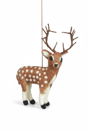 Handmade STAG ORNAMENT by FELT SO GOOD, a needle felted spotted deer with brown antlers.