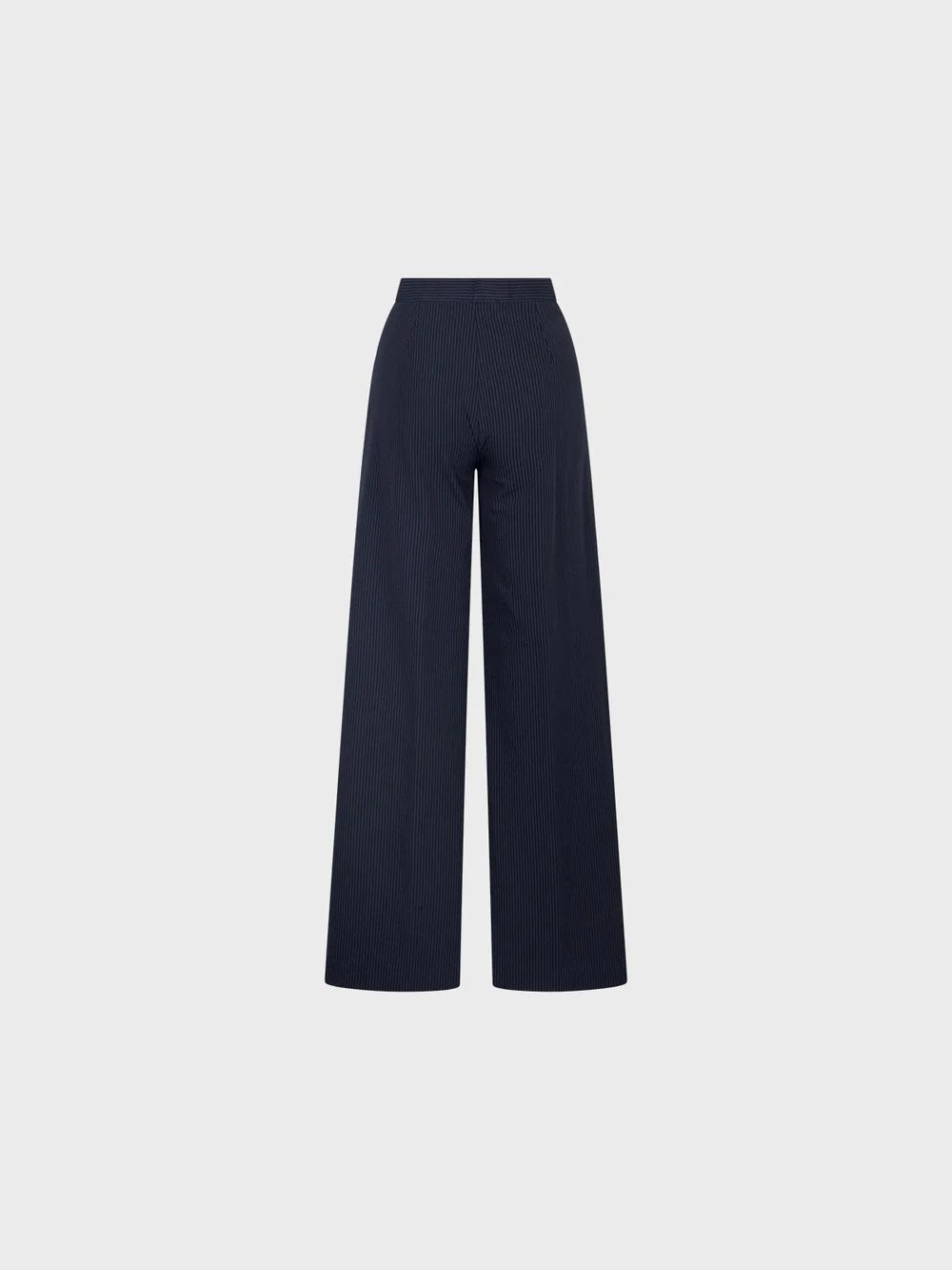 SANDRO FERRONE - PINSTRIPE TROUSER: High-waisted, wide-leg tailored pants with subtle vertical stripes, front pleats, side pockets, and a button closure by SANDRO FERRONE, shown on a plain light gray background.