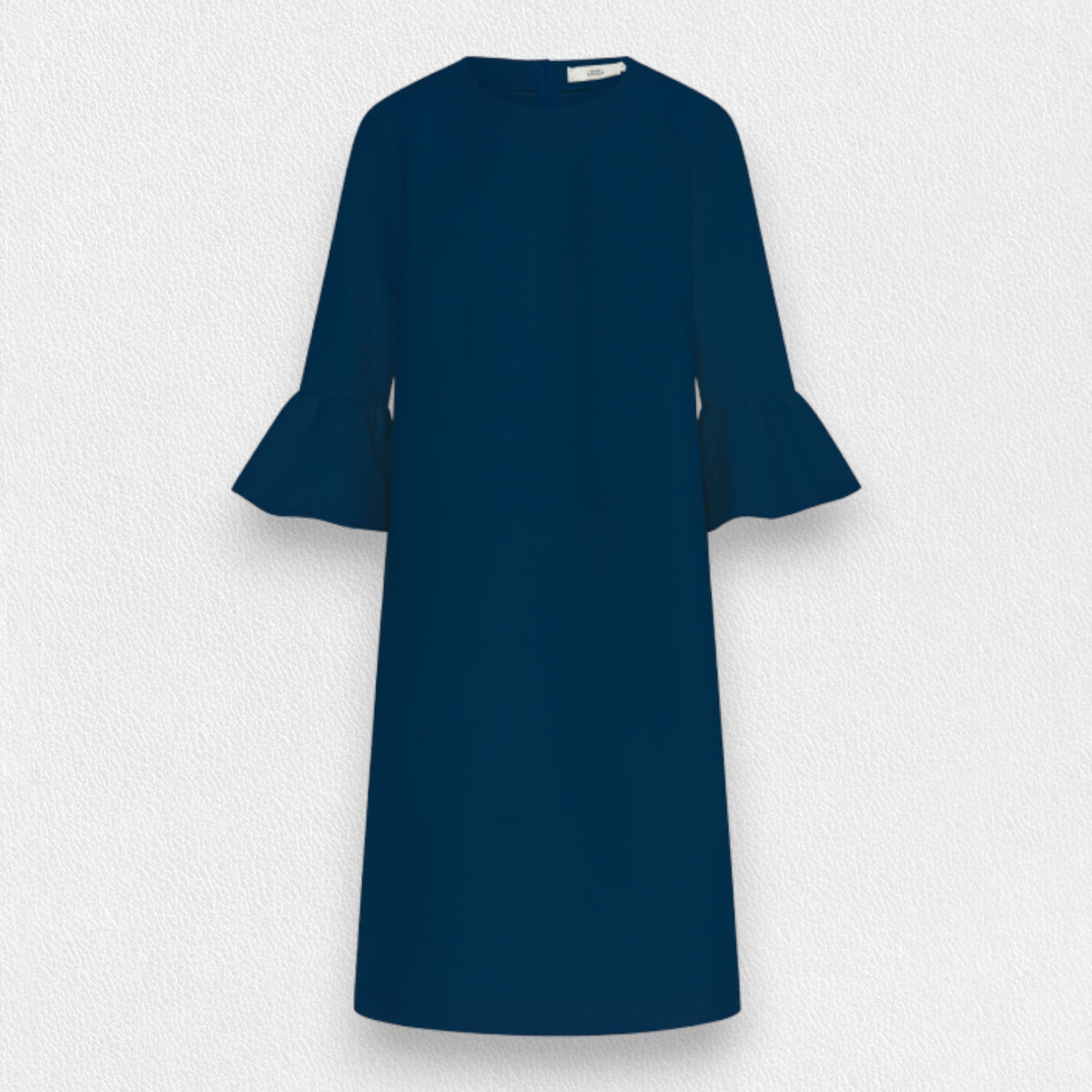 A knee-length, navy blue 0039 ITALY - MAXLIN DRESS with a simple, straight-cut design. The dress features a round neckline and three-quarter length trumpet sleeves with flared ruffle accents, showcasing high-quality workmanship against the plain white textured background.
