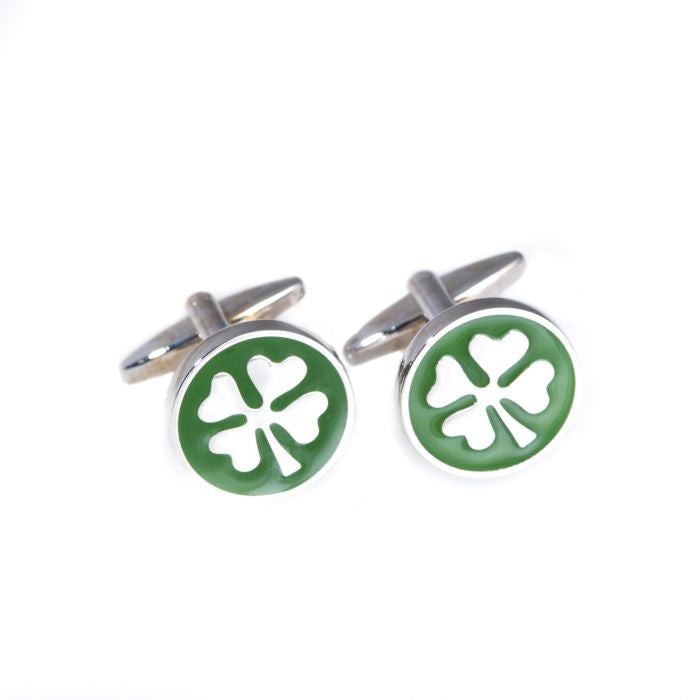 BEYBERK INTERNATIONAL's CUFFLINKS - CLOVER CUFFLINKS feature rhodium plating and round green enamel faces with white four-leaf clover designs, shown on a white background.