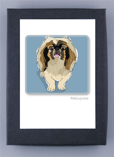 The PAPER RUSSELS - PEKINGESE NOTECARDS by PAPER RUSSELLS feature an original illustration of a Pekingese dog with flowing brown and cream fur, set against a soft blue background. "Pekingese" appears at the bottom right. The black frame on premium cover stock adds a refined touch.