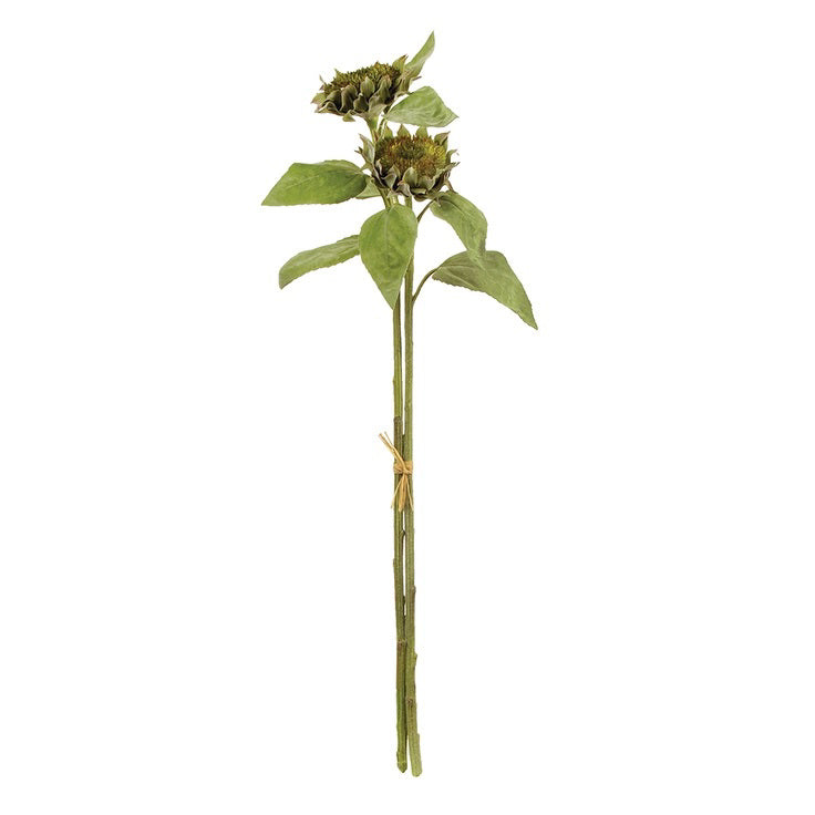 The NAPA HOME AND GARDEN - SEEDED SUNFLOWER STEM 36 features a rustic bouquet of three artificial sunflowers with green leaves, tied with twine. Its petal-free, mature centers bring the natural charm of Napa, California into your home decor.