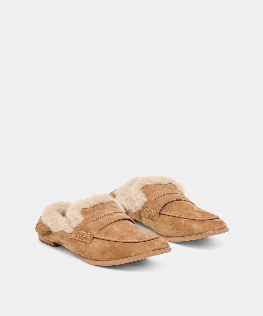 DOLCE VITA - CLOEY PLUSH LOAFERS IN LIGHT BROWN SUEDE light brown suede penny loafers lined with plush faux shearling.
