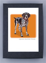 The PAPER RUSSELLS boxed cards feature a German Shorthaired Pointer illustration on an orange background with a brown and white coat and red collar standing proudly. The art is framed with a black border, printed on recycled paper using renewable green electricity.