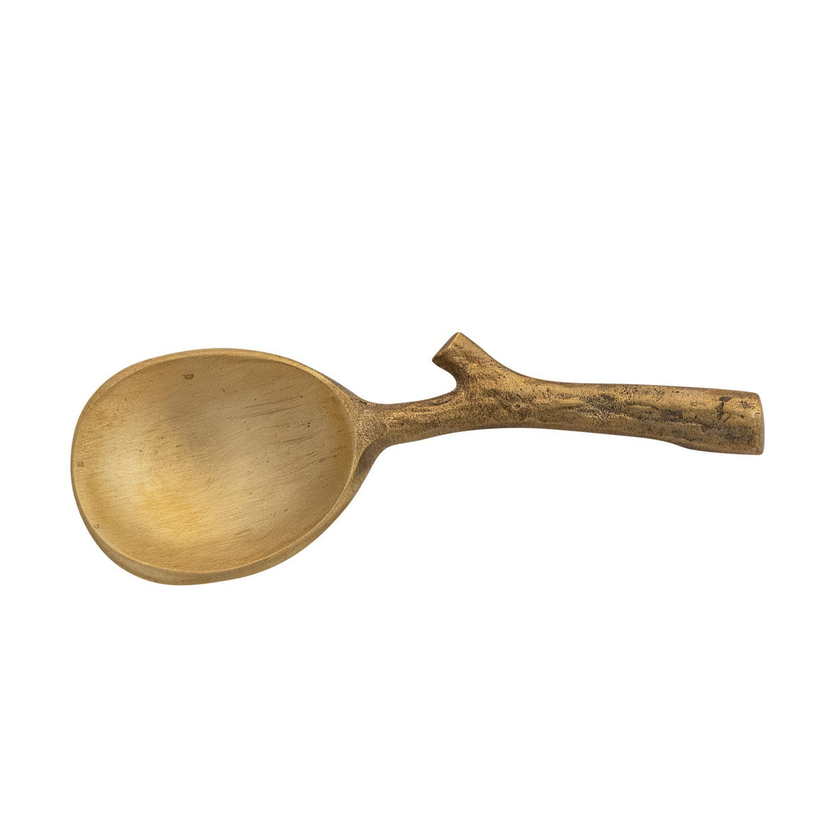 A fish-shaped serveware dish with green olives, a small bowl of bread and cheese pieces, and the CREATIVE COOP BRASS SPOON WITH TWIG SHAPED HANDLE holding an olive, all displayed on a textured white surface.