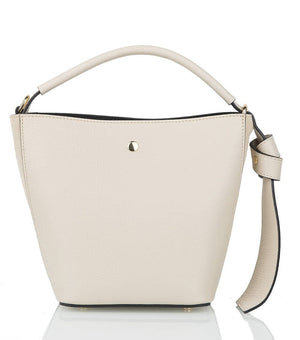 Introducing the SMALL LEATHER BUCKET HANDBAG by LE BORSETTE: This sleek white handbag boasts a structured design with a single top handle and detachable crossbody straps. With its minimalistic style and tiny gold accent on the front, its clean lines and smooth texture provide a modern, sophisticated look.