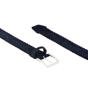 The ATHISON - BRAIDED SUEDE BELT IN INDIGO by ATHISON features braided Italian suede and a silver rectangular buckle, shown coiled in a loop on a white background.