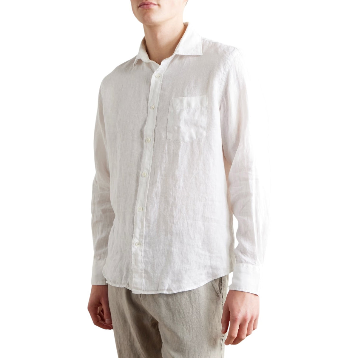 The HARTFORD - PAUL LINEN SHIRT IN WHITE by HARTFORD is a long-sleeved, button-up men's shirt crafted from premium European Flax linen, featuring a collar and single chest pocket, shown flat on a plain light grey background.