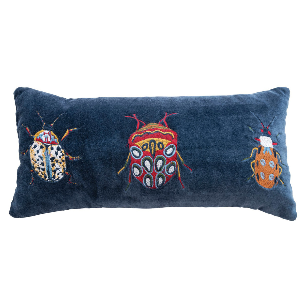 The CREATIVE COOP BLUE VELVET LUMBAR PILLOW features embroidered designs of three colorful beetles in various patterns across the front.