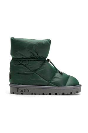 The FLUFIE METALLIC PILLOW BOOT is a pair of gray, insulated slippers with drawstring closures, a high folded collar, water repellent fabric in a subtle circular pattern, designed for warmth and shown on a white background.