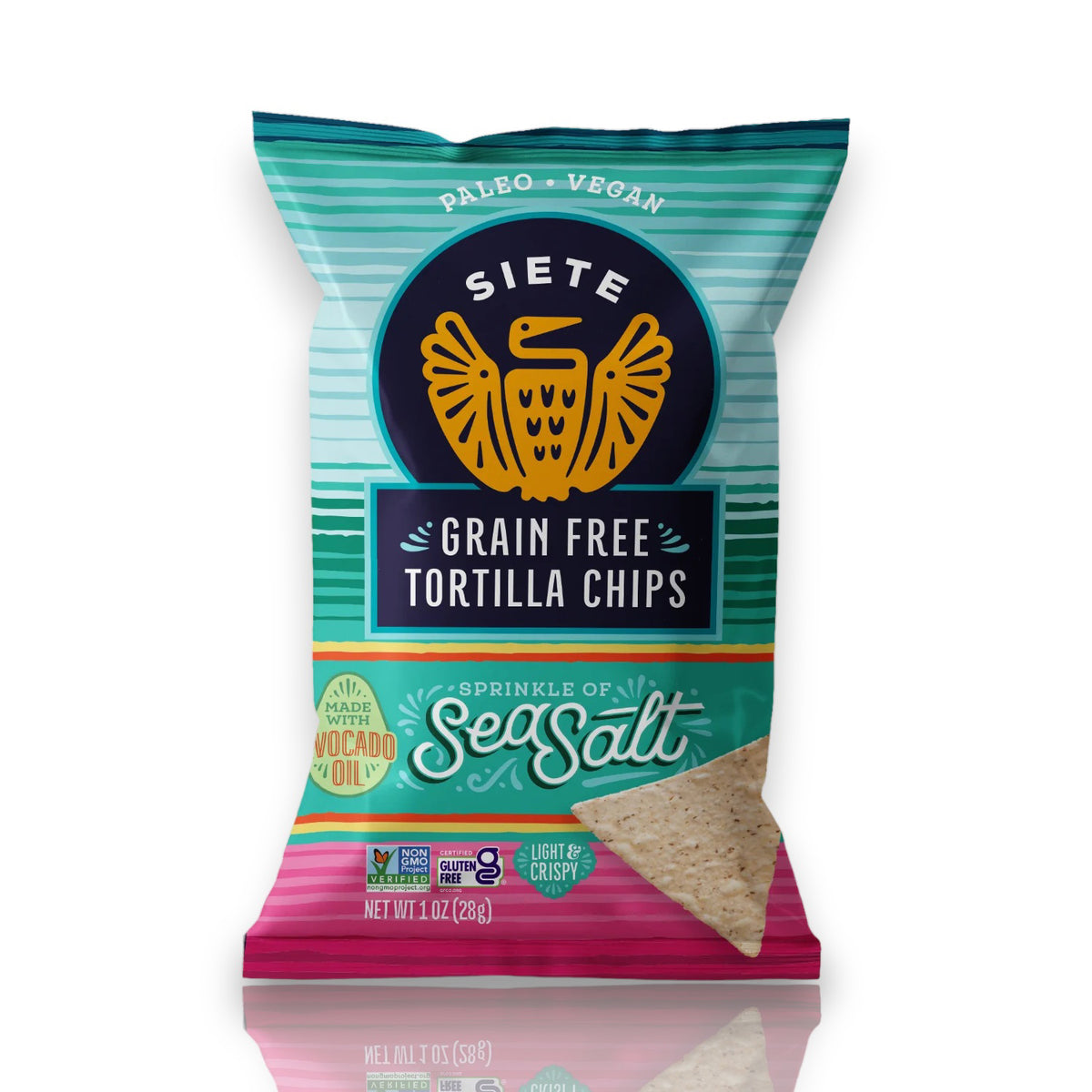 An image of a SIETE - TORTILLA CHIPS SEA SALT GRAIN FREE 1-ounce bag from SIETE FOODS. The colorful packaging features teal and pink stripes, showcasing a large eagle logo along with various labels like Paleo, Vegan, and cooked with avocado oil.