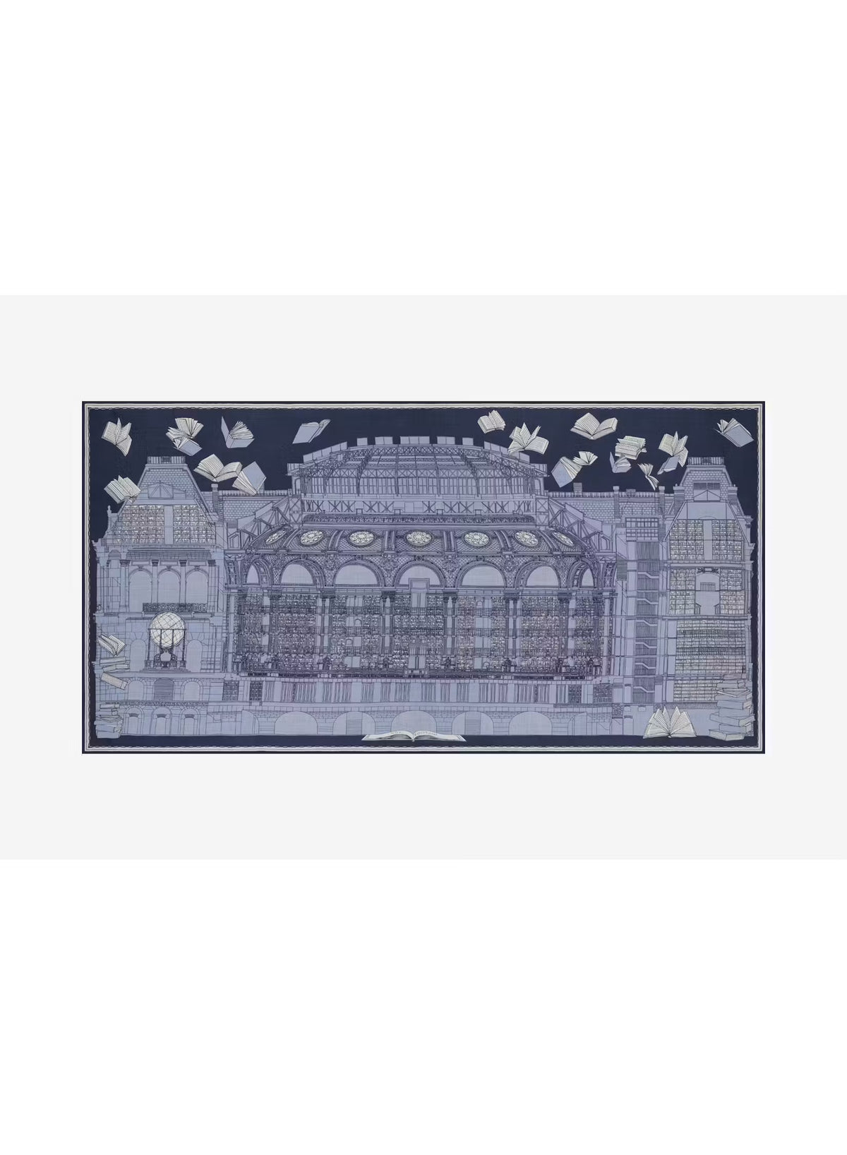 A woman stands against a plain background, wearing a beige sweater, cream wide-leg pants, black shoes, and the INOUI EDITIONS - VIVIENNE WOOL SCARF IN BLUE by INOUI—a long blue scarf with a white pattern made from 100% wool in India and measuring 100 x 190 cm.