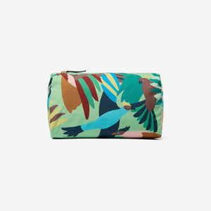 The INOUI EDITIONS Voyage Nylon Case, Medium features a vibrant pattern of illustrated birds in green, blue, brown, and red on a light earthy green background. It's durable with a convenient top zipper closure.