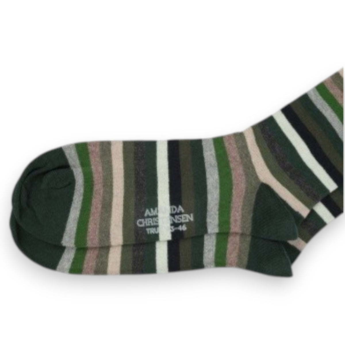 The AMANDA CHRISTENSEN True Block Stripe Mid-Calf Socks in Green, featuring green, beige, brown, and black horizontal stripes, are neatly displayed on a white background.