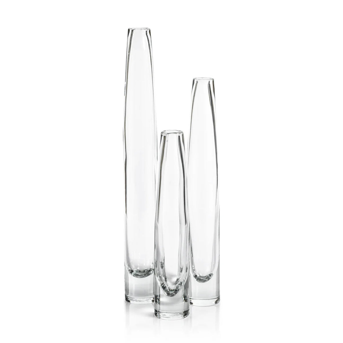 Three TATE Slim Clear Glass Vases by ZODAX are arranged on a white background. Each sleek, cylindrical vase has a narrow opening, including one measuring 2.5 in x 20.5 in.