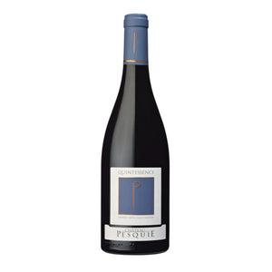 A bottle of PESQUIE ‘QUINTESSENCE’ ROUGE 2022 from WINE: FREEDOM BEVERAGE, featuring a blue and white label and topped with a blue foil capsule, crafted from a blend of Syrah and Grenache.