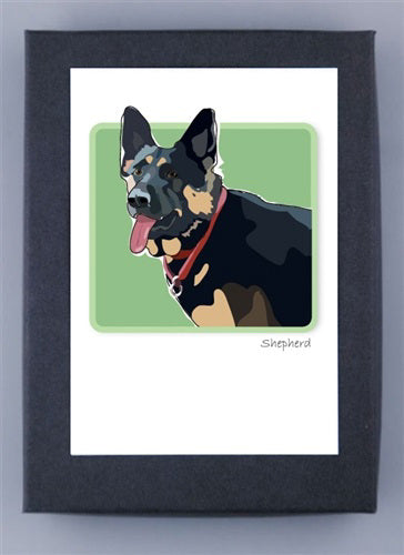 The PAPER RUSSELS - GERMAN SHEPHARD BOX NOTES by PAPER RUSSELLS features a German Shepherd with tan and black fur wearing a red collar on recycled paper. The dog, shown in a square with a light green background and its tongue out, has "Shepherd" inscribed at the bottom right corner.