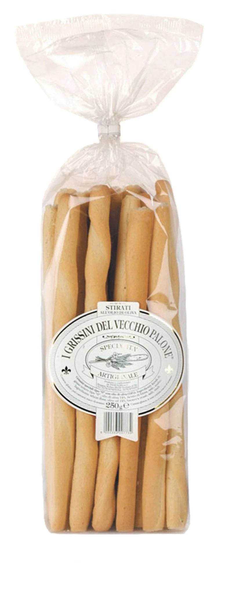 A clear plastic package containing long, thin rustic breadsticks labeled "GRISSINI DEL VECCHIO PALONE - BREADSTICKS" by INTERNATIONAL GOURMET FOODS. Perfect for your next charcuterie board, the pack shows multiple evenly arranged breadsticks with a white label in the center displaying the product name and additional details in Italian.