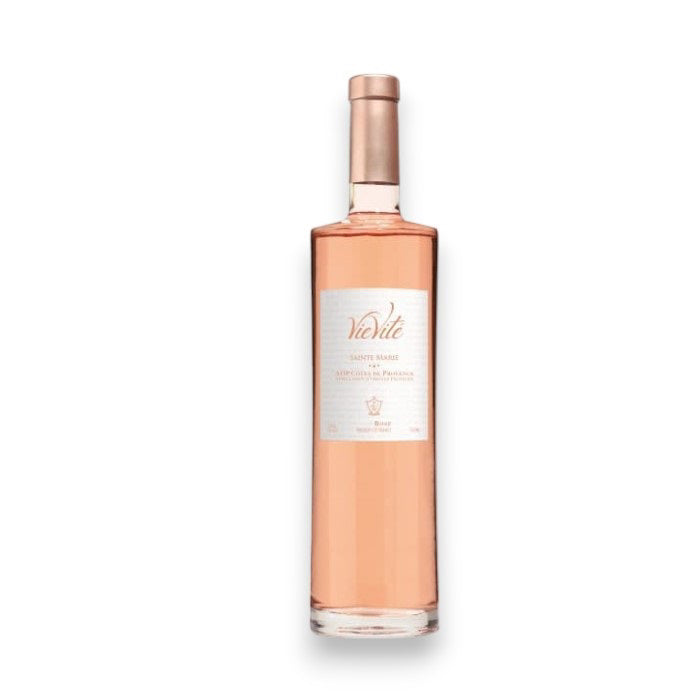 The tall, slender bottle of SAINTE MARIE 'VIE VITE' ROSÉ 2023 by WINE: 3 KEYS features a light pink hue and an elegant cream-colored label. Its metallic cap hints at ripe tropical fruit notes, all set against a pristine white backdrop.