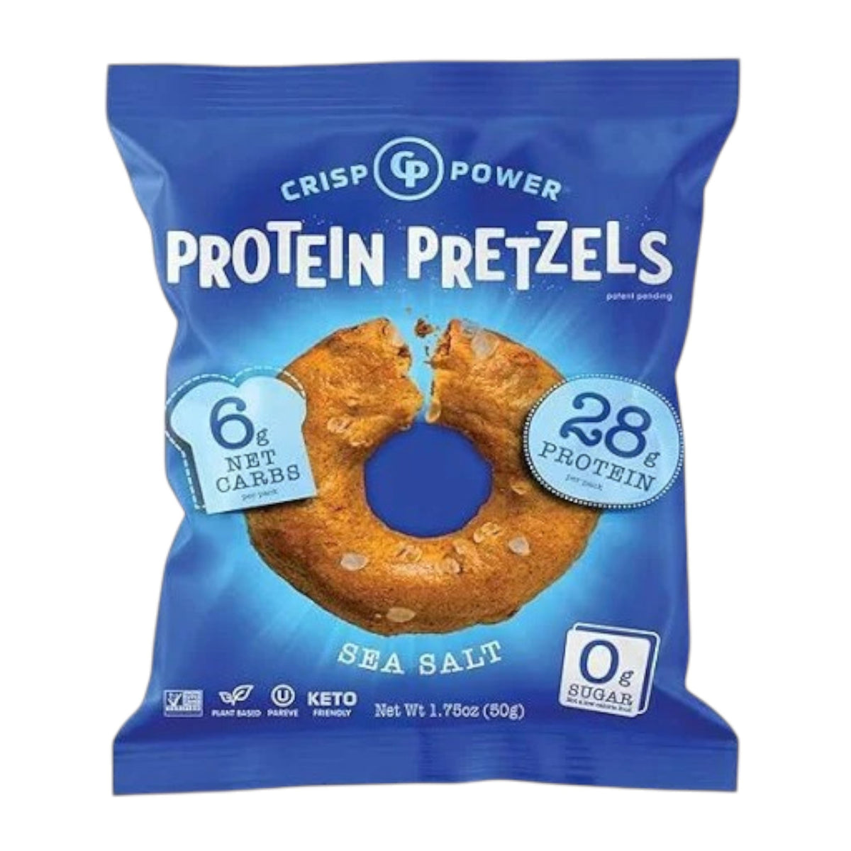 A blue bag of CRISP POWER PROTEIN PRETZEL SEA SALT by CRISP POWER displays pretzels and highlights: 6g net carbs, 28g protein, and 0g sugar. This keto-friendly, plant-based snack is ideal for high-protein pretzel lovers.
