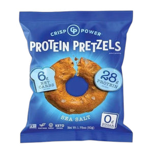 A blue bag of CRISP POWER PROTEIN PRETZEL SEA SALT by CRISP POWER displays pretzels and highlights: 6g net carbs, 28g protein, and 0g sugar. This keto-friendly, plant-based snack is ideal for high-protein pretzel lovers.