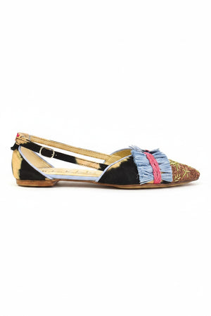 The MEHER KAKALIA GRETA SLINGBACK BLACK BEIGE TO MUDROSE flats feature hand-dyed leather panels, embroidered details, blue and pink fringe accents, a pointed toe, and a low heel for a colorful summer look.