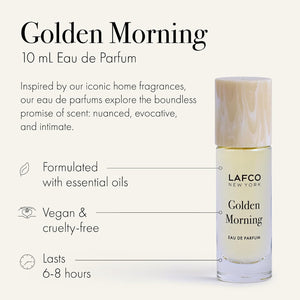 Housed in a clear glass bottle with a beige cap and minimalist black labeling, LAFCO Fine Fragrance Golden Morning 10ml is a floral perfume delicately crafted with essential oils for a fresh, uplifting scent.