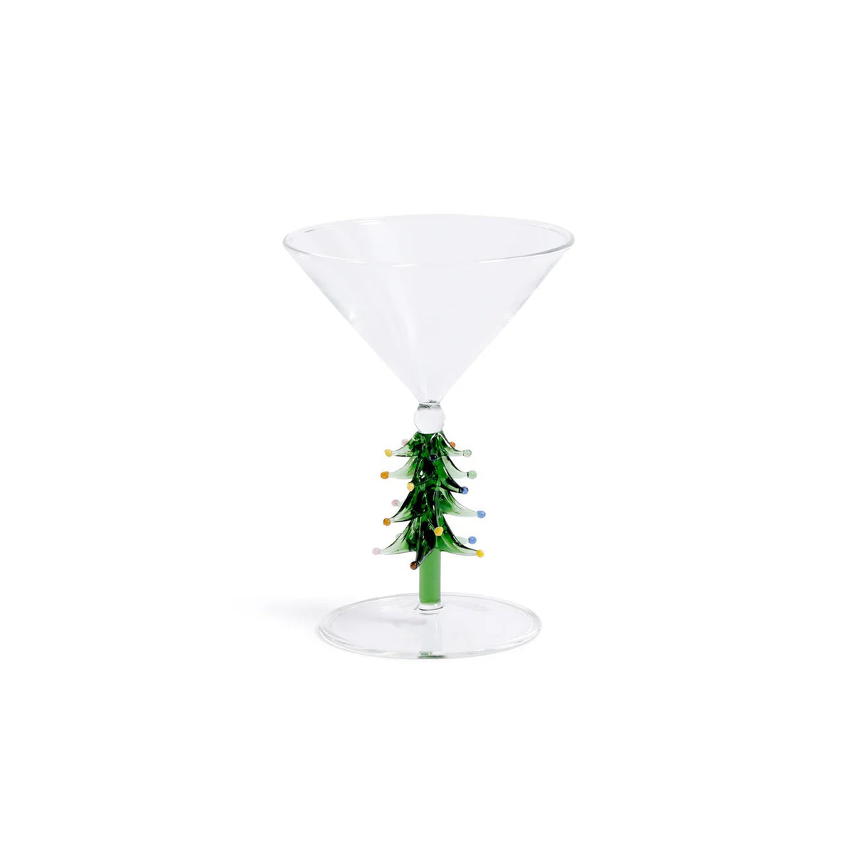 The ZODAX TREETOP CHEERS MARTINI GLASS features a clear bowl and a festive green Christmas tree stem with colorful ornaments, holding up to 5.07 oz—perfect for your favorite holiday cocktails.
