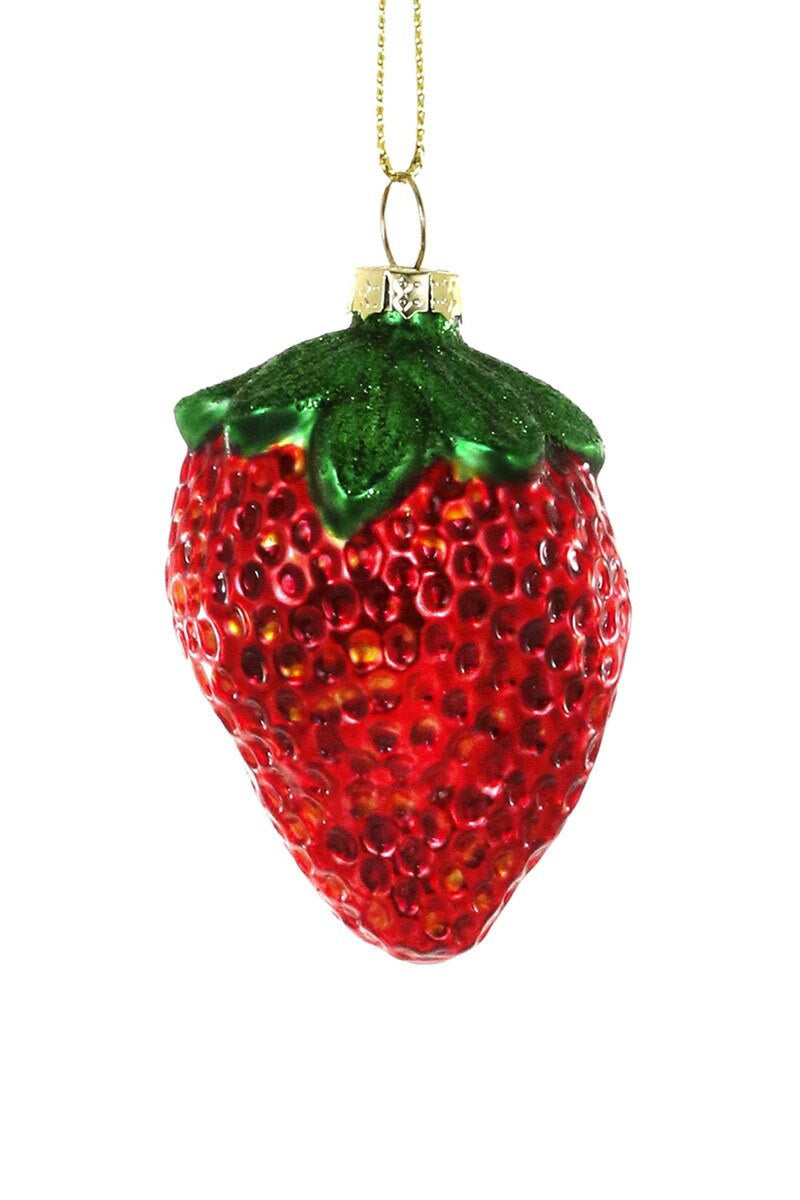 The EVERBEARING STRAWBERRY ORNAMENT by CODY FOSTER is a glass Christmas tree decoration shaped and painted like a red strawberry with a green leafy top, hanging from a gold string.