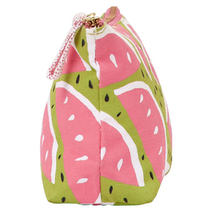 The ROCKFLOWERPAPER - WATERMELON PARTY POUCH by ROCKFLOWERPAPER is a cotton canvas organizer with a green background, playful pink watermelon slices, white rinds, black seeds, a pink zipper, and a white pull tab with pink dots.
