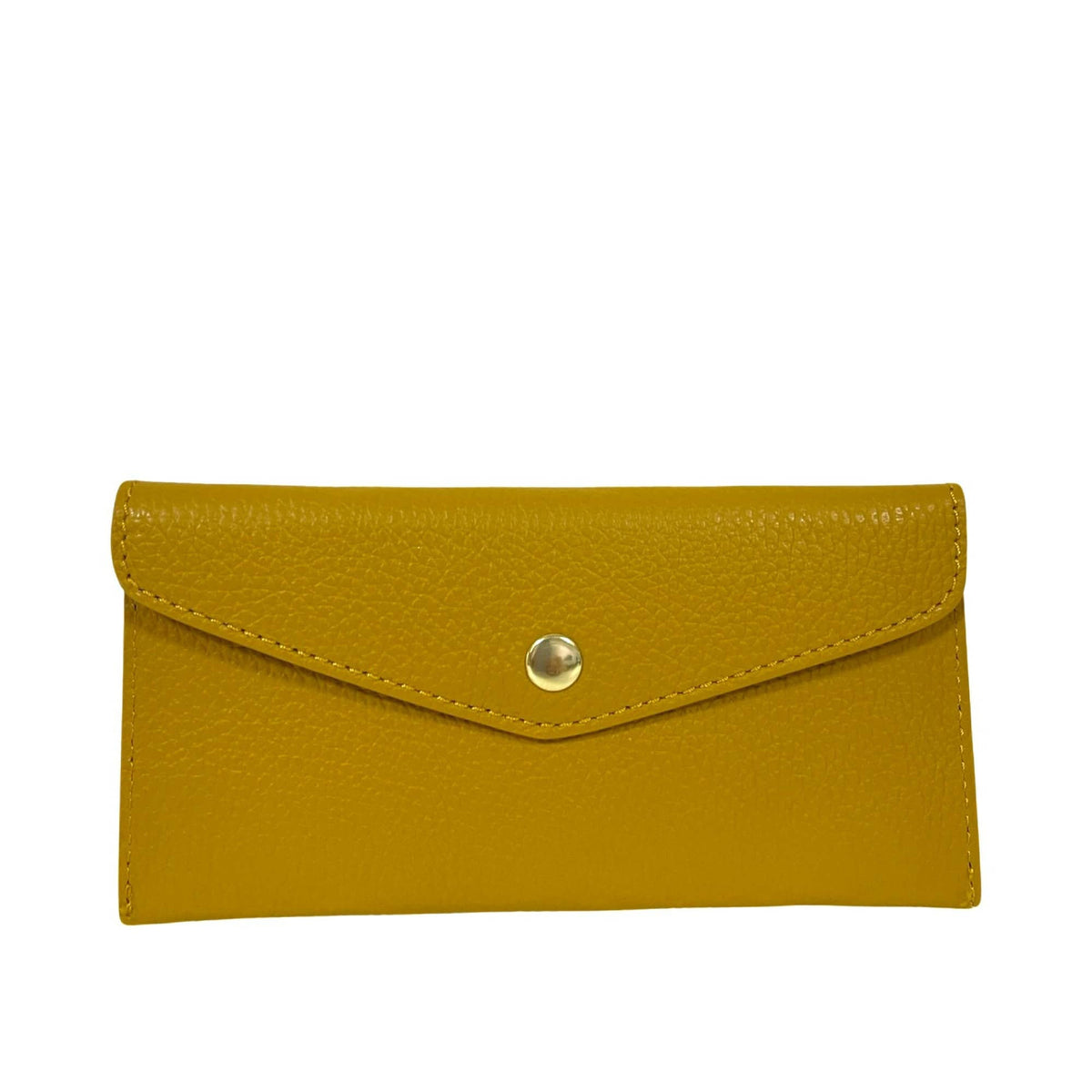 The LE BORSETTE LEATHER ENVELOPE STYLE WALLET in textured yellow leather features a front flap with a gold snap button, shown on a white background—an elegant accessory for any occasion.