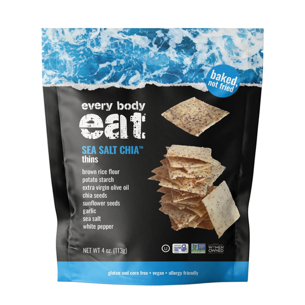 A 4oz bag of EVERY BODY EAT - SEA SALT CHIA SNACK THINS displays an image of the crunchy thins on the front. The packaging emphasizes its vegan, gluten-free, and allergy-friendly qualities—making these savory snacks from EVERY BODY EAT an ideal nut-free option for anyone seeking a tasty, wholesome crunch.