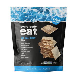A 4oz bag of EVERY BODY EAT - SEA SALT CHIA SNACK THINS displays an image of the crunchy thins on the front. The packaging emphasizes its vegan, gluten-free, and allergy-friendly qualities—making these savory snacks from EVERY BODY EAT an ideal nut-free option for anyone seeking a tasty, wholesome crunch.