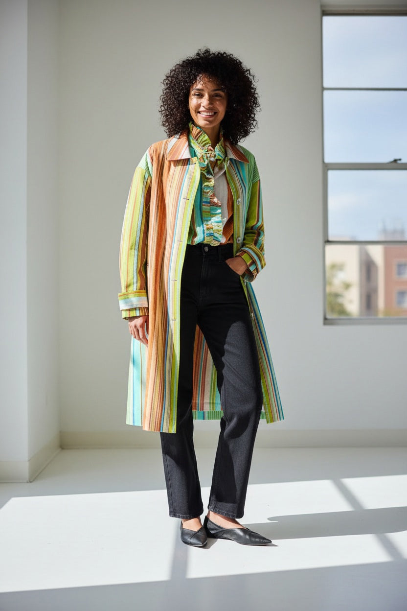 A person stands against a white wall wearing the HOPE FOR FLOWERS - COMBO STRIPES COAT by HOPE FOR FLOWERS, styled over a patterned shirt and black pants. Sunlight casts leaf-like shadows on the wall and floor behind them.