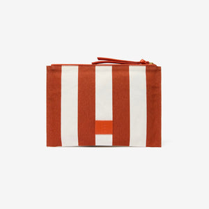 The INOUI EDITIONS Poseidon Pouch is a rectangular white bag by INOUI, made from durable cotton canvas with an orange zipper and decorated with colorful marine motifs like starfish, shrimp, pufferfish, and lionfish.