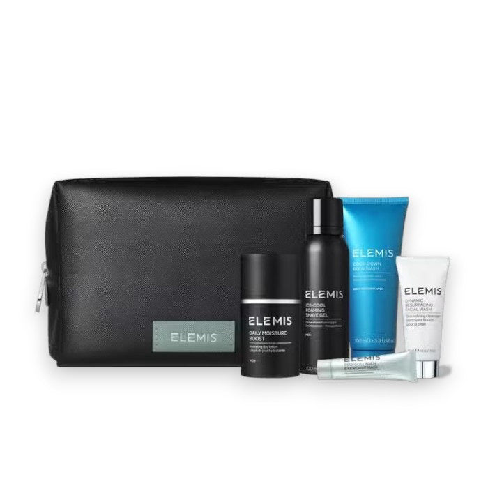 The ELEMIS - THE GROOMING COLLECTION by ELEMIS - STEINER features a sleek black toiletry bag containing five grooming essentials. Inside, you&#39;ll find a blue tube, two black bottles, a white tube, and a white container—all ideal for your travel needs and each proudly showcasing the ELEMIS logo.
