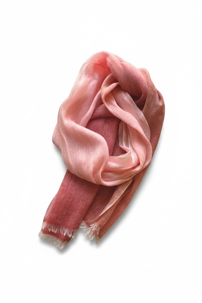 The BAJRA Hand Dyed Linen Blend Scarf in Peony Blush Ombre displays delicate Nepalese charm with its soft, lightweight fabric and gradient from deep red to soft pink, artistically draped on a plain white background. Its handmade fringed edges add to the elegance.