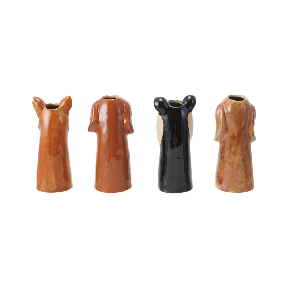 Four small, glossy CERAMIC animal vases, including the hand-painted STONEWARE DOG VASE by CREATIVE COOP in brown and a black pet-themed décor piece with round ears, all shown from the back.