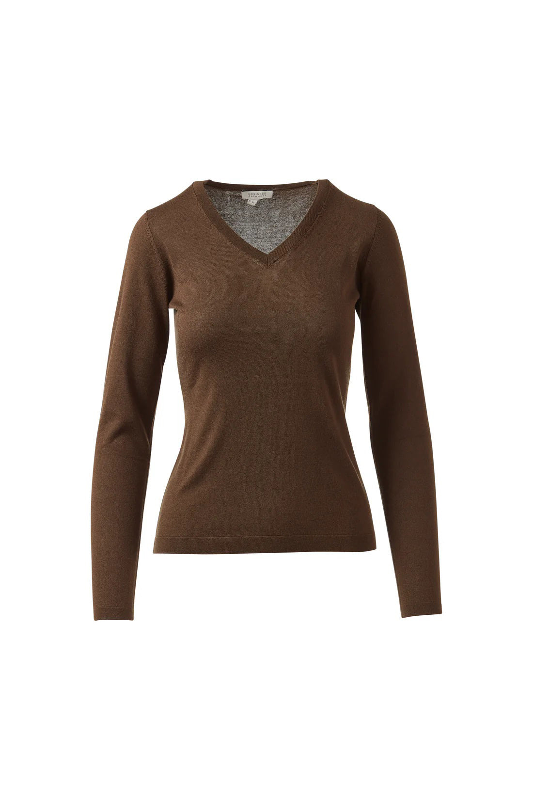 A woman with dark hair pulled back smiles in a KINROSS CASHMERE Fitted Vee Neck Silk Cashmere Sweater in blue and black pants, standing against a plain white background.