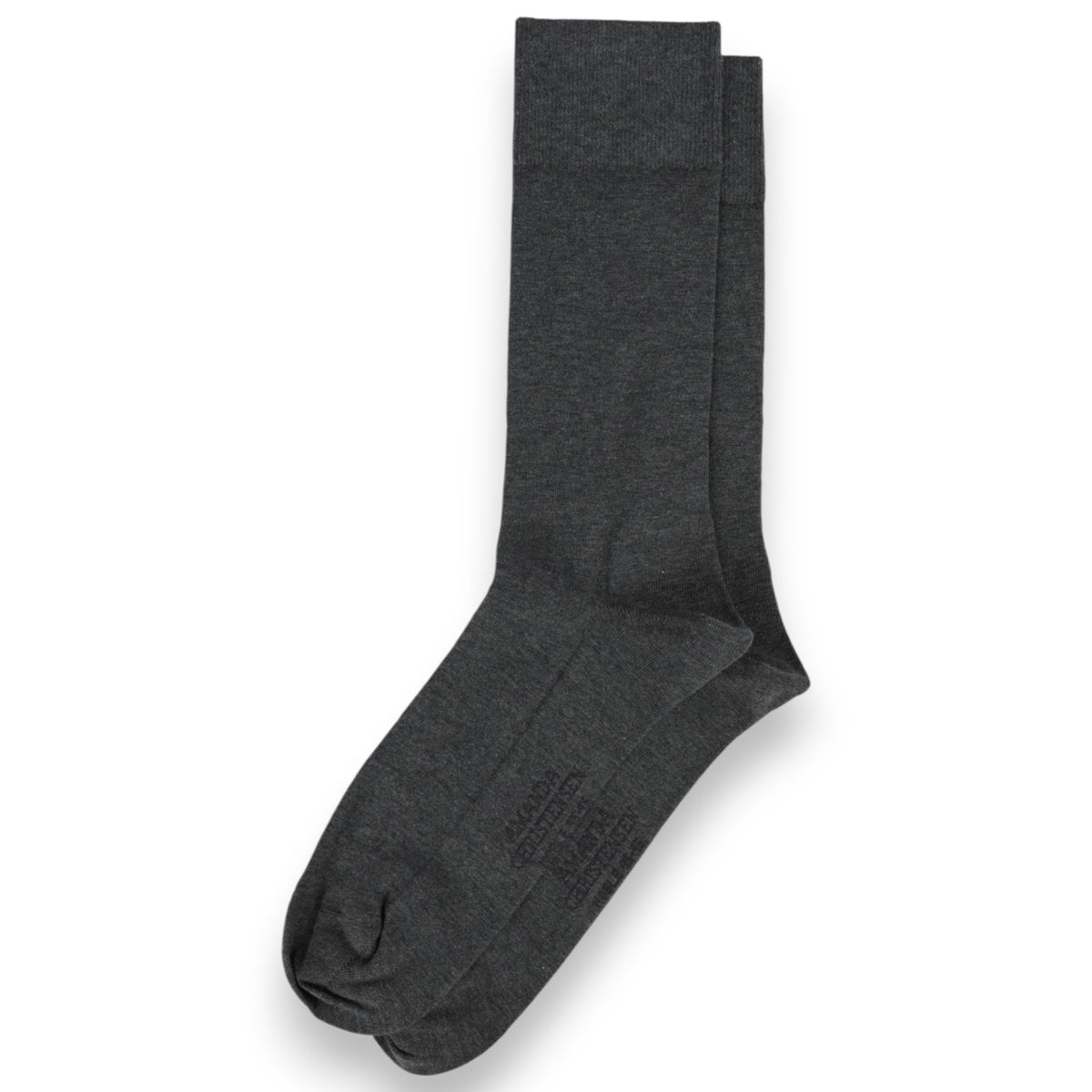 A pair of AMANDA CHRISTENSEN - Noble Cotton & Cashmere Blend Mid-Calf Socks in Grey Melange, luxuriously crafted and finely knit, are displayed neatly one atop the other on a white background.