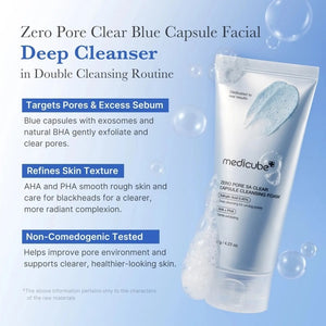 A tube of KOSMIC KBEAUTY SKINCARE MEDICUBE - ZERO PORE CAPSULE CLEANSING FOAM (120G) is displayed, with a smear of the blue, bead-textured cleanser behind it. The visible product details on the tube emphasize its formula, which is designed to control excess oil and visibly minimize the appearance of pores.
