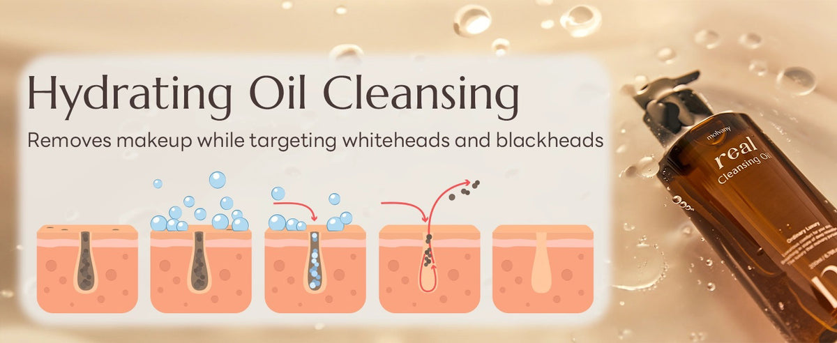 A bottle of MOLVANY - REAL CLEANSING OIL by HONG CHEON USA, INC sits on a wet surface. The text reads, &quot;Hydrating Oil Cleansing: Removes makeup while targeting whiteheads and blackheads.&quot; An illustration shows oil dissolving dirt from skin pores for effective blackhead removal.