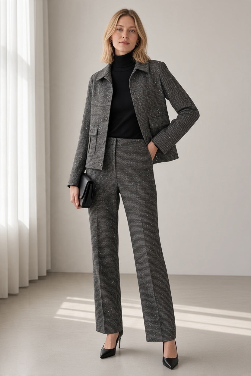 A woman wears a charcoal gray HINSON WU - HANNAH LONG SLEEVE TWEED JACKET WITH SEQUINS, a black turtleneck, and matching tweed trousers, holding a black clutch.