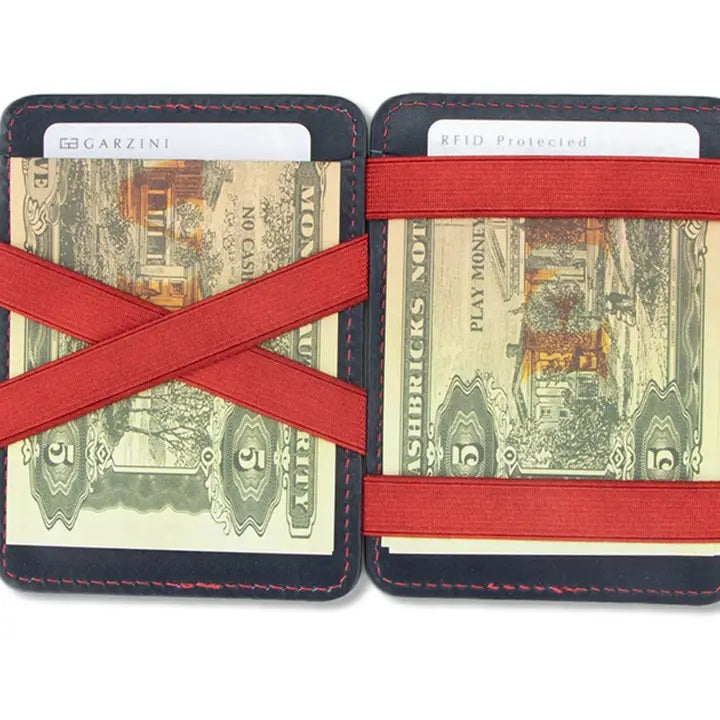 The GARZINI Magic Slim RFID-blocking leather wallet in blue and red features multiple card slots with cards partially visible inside.