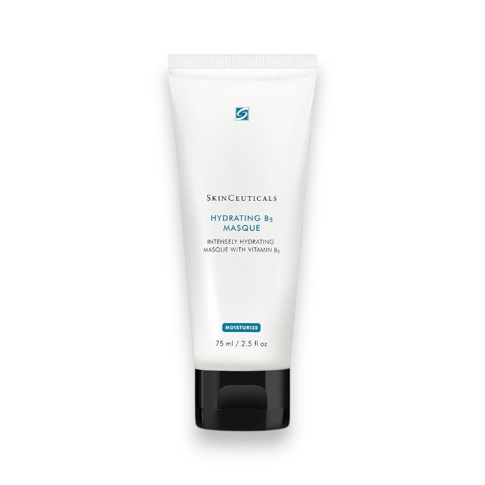 A white tube of SKINCEUTICALS - HYDRATING B5 MASK with a black cap is displayed against a white background. The text on the tube reads &quot;Intensely Hydrating Masque with Vitamin B5,&quot; and the product size is 75 ml / 2.5 fl oz. This hydrating gel mask from Skin Ceuticals serves as a weekly hydration treatment, enriched with natural moisturizing factors.
