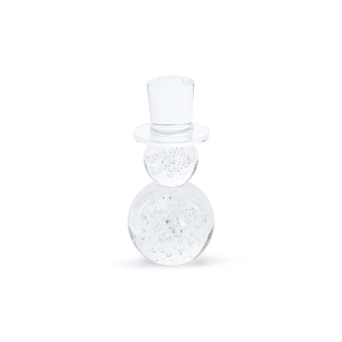 ZODAX ICY COLD CRYSTAL GLASS SNOWMAN, a 3 in x 6.75 in clear glass figurine wearing a top hat and filled with trapped air bubbles.